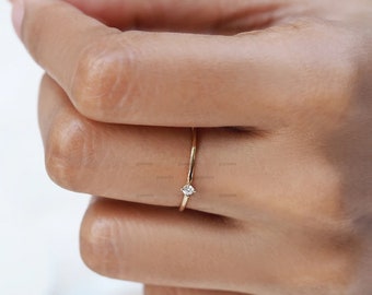 2mm Moissanite Solitaire Engagement Ring, Dainty Gold Band, Tiny Diamond Ring, Stacking Ring, Minimalist Round Diamond Ring, Every Day Wear