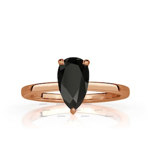 Hidden Halo Diamond Ring, 5x8 MM Pear Cut Black Spinel Ring, Black Spinel Engagement Ring, 14k Rose Gold Ring, Black Wedding Ring For Her