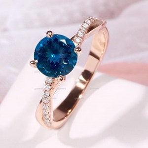 London Blue Topaz Engagement Ring, 14k Rose Gold Topaz Ring, Crossover Moissanite Romantic Wedding Ring, Valentines Day Gifts, Promise Rings