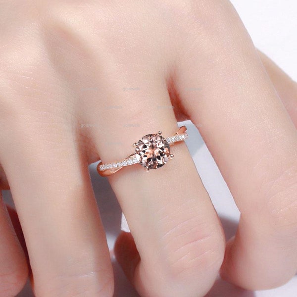 Infinity Morganite Engagement Ring In Rose Gold Twisted Round Solitaire Wedding Ring Crossover Diamond Ring Twist-Half Eternity Promise Ring