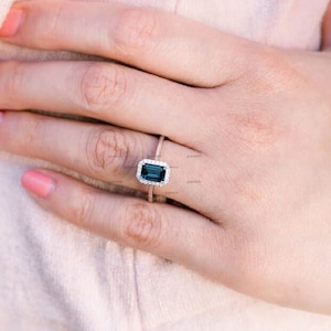 Emerald Cut London Blue Topaz Halo Engagement Ring In 14K Gold, Halo Wedding Ring, Anniversary Gift, Halo Solitaire Engagement Ring for Her