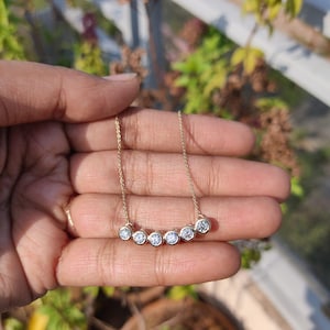 14k Gold 6 Bezel Moissanite Curved Bar Necklace, Delicate Diamond Necklace, Dainty Cable Chain, Minimalist Charm Necklace, Anniversary Gift image 3