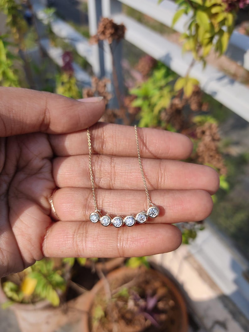 14k Gold 6 Bezel Moissanite Curved Bar Necklace, Delicate Diamond Necklace, Dainty Cable Chain, Minimalist Charm Necklace, Anniversary Gift image 3