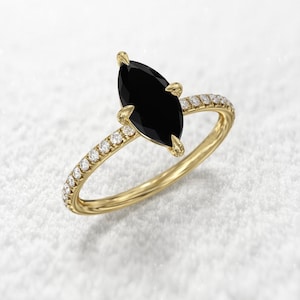 Black Spinel Engagement Ring, Marquise Cut Black Stone Ring, Gold-Spinel-Diamond Wedding Ring, Black Promise Ring, Anniversary Gift For Her