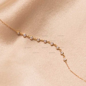 14k Gold 9 Link Floating Moissanite Bracelet, Delicate Dainty Chain Bracelet, Bezel Set Moissanite Bracelet, Solitaire Diamond Bracelet