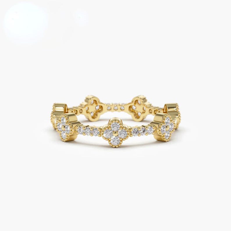 14K Full Eternity 4 Leaf Clover Moissanite Ring, Lucky Clover Diamond ...