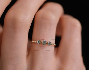Black Rutile & Moissanite Prelude Band in 14k Gold, Delicate 7 Stone Anniversary Ring Distance Black Rutile Quartz Band Promise Ring for Her