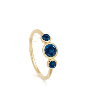 Three Stone Ring, Bezel Round London Blue Topaz Ring, 14k Gold Ring, Gemstone Ring, London Blue Topaz Wedding Ring, Birthday Gift For Her