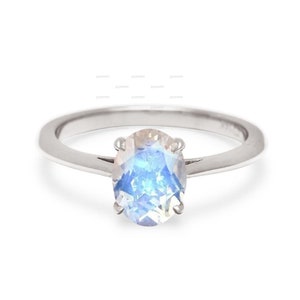 Natural Rainbow Moonstone Ring, 14k Solid White Gold Moonstone Ring, Oval Cut Gemstone Ring, Solitaire Ring, Stacking Ring, Anniversary Ring