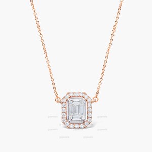 Halo Baguette Cut Diamant Anhänger Halskette In Rosegold, Halo Baguette Diamant Halskette für Frauen, elegante Halskette für ihr Jubiläumsgeschenk