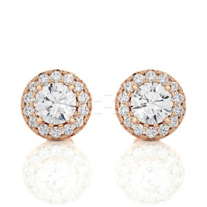 Moissanite Halo Stud Earrings, Halo Bridal Studs, Rose Gold Earrings, Round Cut Studs, Minimalist Earrings, Diamond Halo Earring For Wedding
