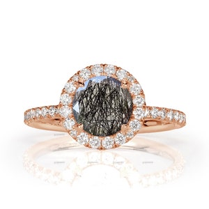 Halo Black Rutile Engagement Ring, 14k Rose Gold Gemstone Ring, Hidden Halo Moissanite Ring, Black Rutilated Ring, Round Black Quartz Ring