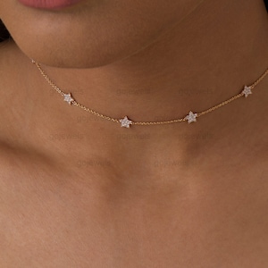 Moissanite Star Station Necklace, 14k Gold Diamond Star Necklace, Dainty Chain Diamond Necklace, Minimalist Diamond Star Choker Necklace