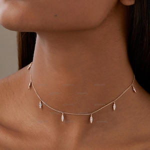 Dangling Diamond Leaf Drop Necklace, 14k Gold Layering Necklace, Raining Diamond Drop Necklace, Minimalist Necklace for Her, Leaf Necklace