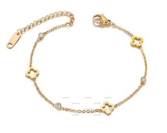 14K Gold Open Clover And Moissanite Bracelet, Valentine's Day gift,  Minimalist Silver Adjustable Bracelet, Christmas Gift, Mothers Day Sale