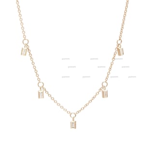 14K Gold Baguette Moissanite Necklace, Dangling Diamond Necklace, Layering Necklace, Baguette Diamond Statement Necklace, Anniversary Gift
