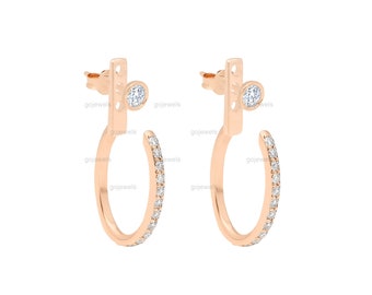 Rose Gold Moissanite Earrings, Diamond Half Hoop, Half Eternity Stud Hoops, Bezel Studs, Pave Diamond Huggie Earrings, Minimalist Earrings