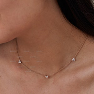 Three Stone Moissanite 3 Station Necklace, Triangle Charm Necklace, 14k Gold Minimalist Necklace, Anniversary Gift, Trio Station Necklace