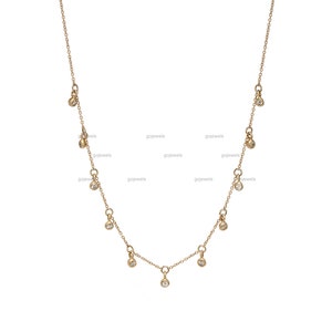 Minimalist Moissanite Necklace, 14k Gold Diamond Necklace Round Bezel Set Dangling Station Necklace Perfect Gift for Her Diamond by the yard
