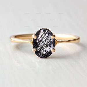 Minimalist Black Hair Stone Ring, Solitaire Oval Black Rutile Ring, 14k Solid Gold Ring, Personalized Gift, Promise Ring, Black Quartz Gift