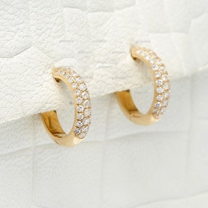 Moissanite Pave Dome Huggie Earrings, 14k Gold Diamond Huggie Earring, Three Rows Diamond Hoop Earrings, Classic Huggie Hoop Earring For Her