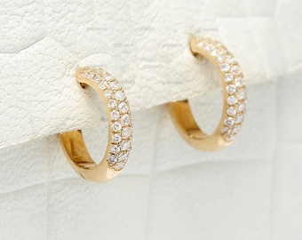 Moissanite Pave Dome Huggie Earrings, 14k Gold Diamond Huggie Earring, Three Rows Diamond Hoop Earrings, Classic Huggie Hoop Earring For Her