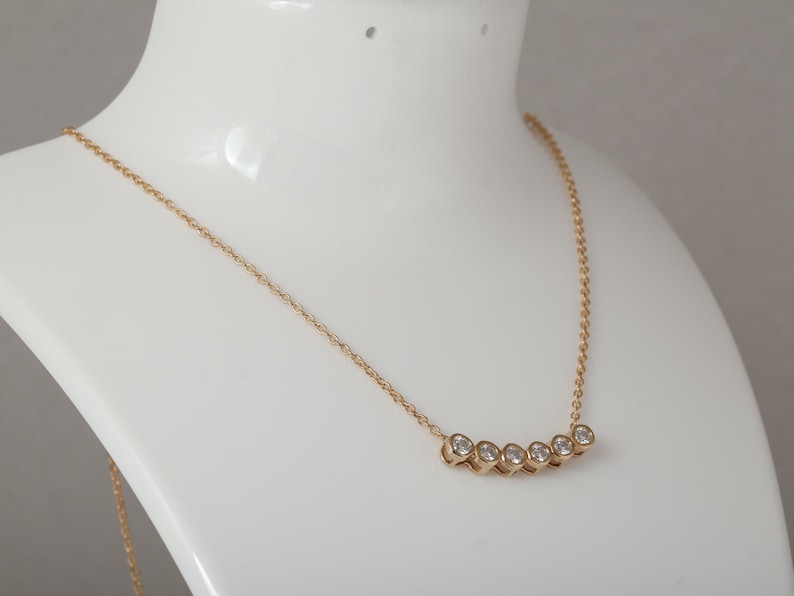14k Gold 6 Bezel Moissanite Curved Bar Necklace, Delicate Diamond Necklace, Dainty Cable Chain, Minimalist Charm Necklace, Anniversary Gift image 5
