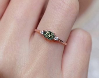 Trilogy Ring with Moss Agate and Moissanite, 3 Stone Ring, Moss Agate Engagement Ring, Oval Cut Three Stone Ring, 14K Rose Gold Promise Ring