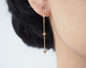 Pendientes colgantes de diamantes en oro de 14 k, pendientes colgantes de oro macizo, pendientes de moissanita, pendientes largos, delicados pendientes de cadena de oro, pendientes Sitara