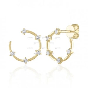 14K Solid Gold Moissanite Diamond Floating Open Circle Stud Earrings, Minimalist Gold Hoop Earrings, Sterling Silver Yellow Gold Plated Hoop