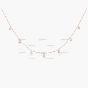14k Rose Gold hängende Moissanit Halskette, hängende Schüttgut Diamant Halskette, Diamond Station Halskette, zierliche Gold Halskette