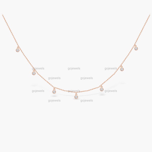 14k Rose Gold Hanging Moissanite Necklace, Hanging By the Yard Diamond Necklace, Diamond Station Necklace, Dainty Gold Layering Necklace