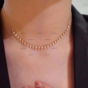 Moissanite Drop Station Necklace in 14K Gold Minimalistic Station Necklace Dainty Layering Wedding Necklace Flutter Necklace Drop Necklace