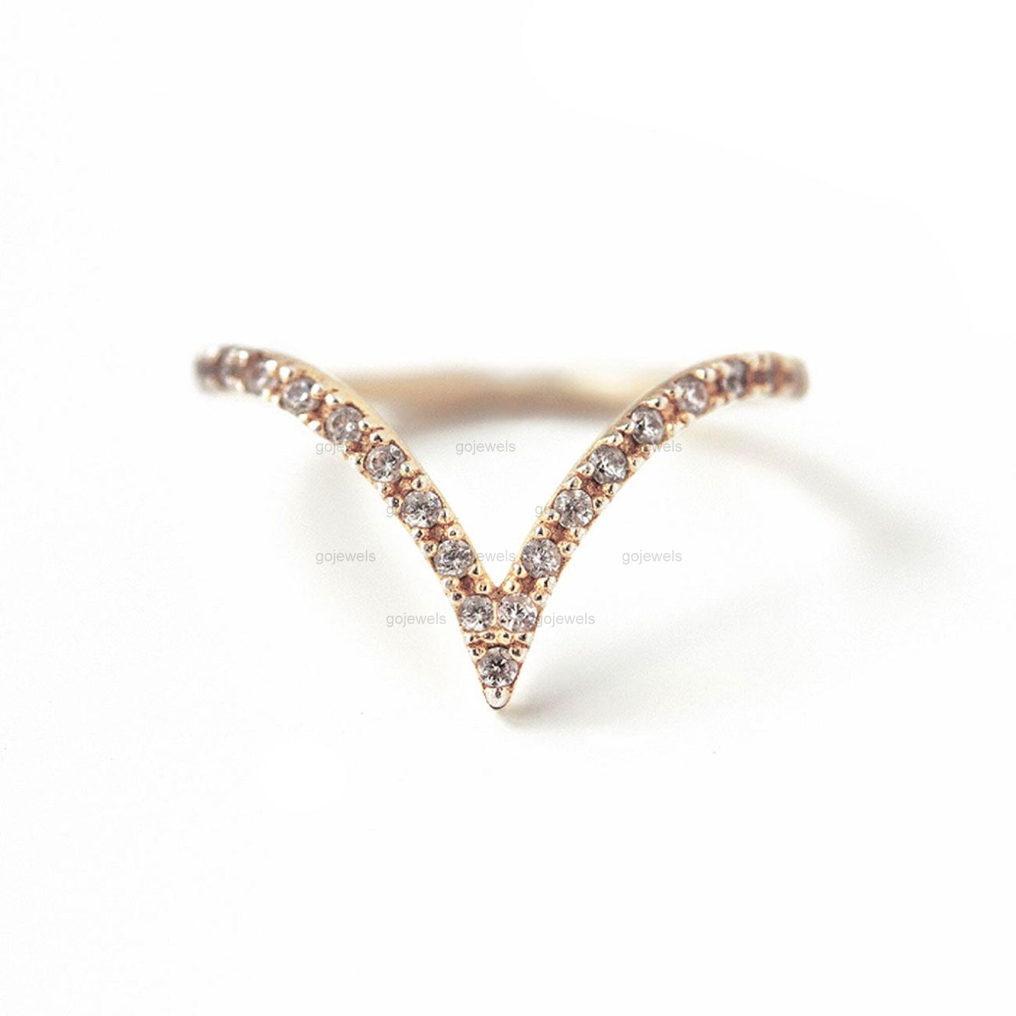Minimalist Chevron Ring, Gold Moissanite V Ring, Petite Pave V Band ...