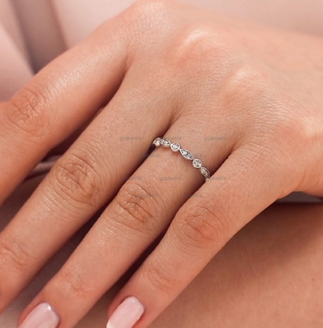 14K Gold Moissanite Wedding Band Half Eternity Art Deco Wedding Band ...