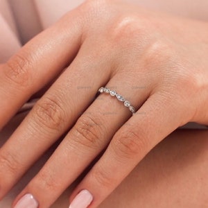14K Gold Moissanite Wedding Band Half Eternity Art Deco Wedding Band Miligrain Ring Marquise Matching Band Stackable Diamond Band For Gift
