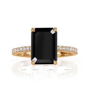 4 CT Emerald Cut Black Spinel Engagement Ring, 14k Gold Ring, Hidden Halo Moissanite Ring, Black Stone Ring, Black Wedding Ring, Women Ring
