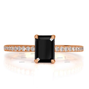 Emerald Cut Black Spinel Engagement Ring, 14k Rose Gold Ring, Hidden Halo Moissanite Ring, Black Spinel Wedding Ring, Anniversary Gift Rings