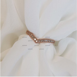 14K Gold V Shaped Band Miligraing & Moissanite Wedding Band For Women V Shape Ring Chevron Band Curved Wedding Band Delicate Stacking V Ring