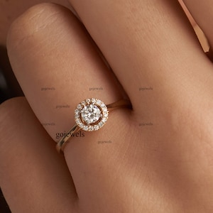 Floating Moissanite Halo Round Solitaire Engagement Ring 14K Rose Gold Wedding Ring Promise Ring Anniversary Gift Silver Halo Wedding Ring