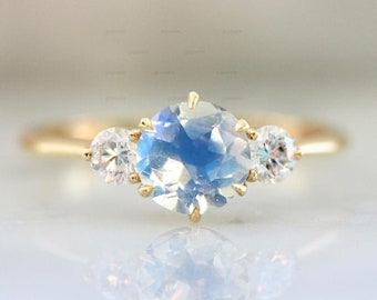 Bague en trois pierres, bague en pierre de lune en or 14 carats, bague de mariage en pierre de lune et diamant, bague en pierre de lune arc-en-ciel, bague d’anniversaire, bague de promesse, cadeau