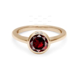 Bezel Set Round Red Garnet Ring, 14k Solid Gold Red Garnet Ring, Natural Red Garnet Ring, Solitaire Red Stone Ring, Promise & Birthday Gift