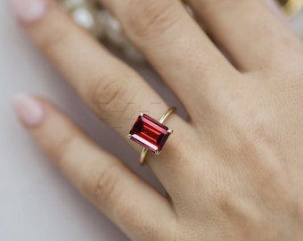 Natural Red Garnet Ring, Solid 14k Gold Ring, Emerald Cut Garnet Ring, January Birthstone Ring, Statement Ring, Solitaire Ring Delicate Ring