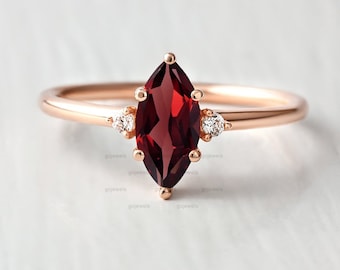 Three Stone Ring, 14K Gold Garnet Moissanite Ring, Marquise Engagement Ring, Red Garnet Gemstone Ring, January Birthstone Ring, Gift For Her