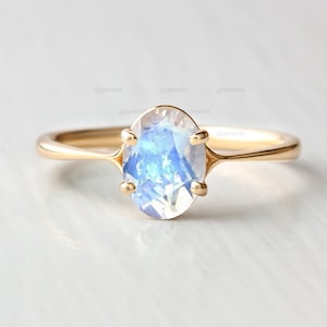 Oval Cut Moonstone Engagement Ring, 14k Gold Moonstone Ring, Solitaire Moonstone Ring, Minimalist Rainbow Ring, Promise Ring June Birthstone
