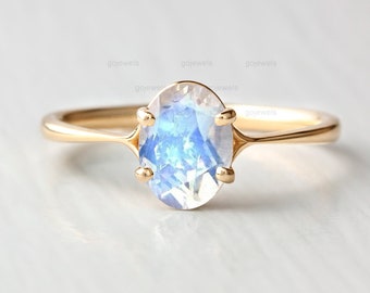 Oval Cut Moonstone Engagement Ring, 14k Gold Moonstone Ring, Solitaire Moonstone Ring, Minimalist Rainbow Ring, Promise Ring June Birthstone