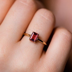 Natural Red Garnet Wedding Ring In 14k Gold, Emerald Cut Red Stone Engagement Ring, Solitaire Bridal Ring, Promise Ring, January Birthstone