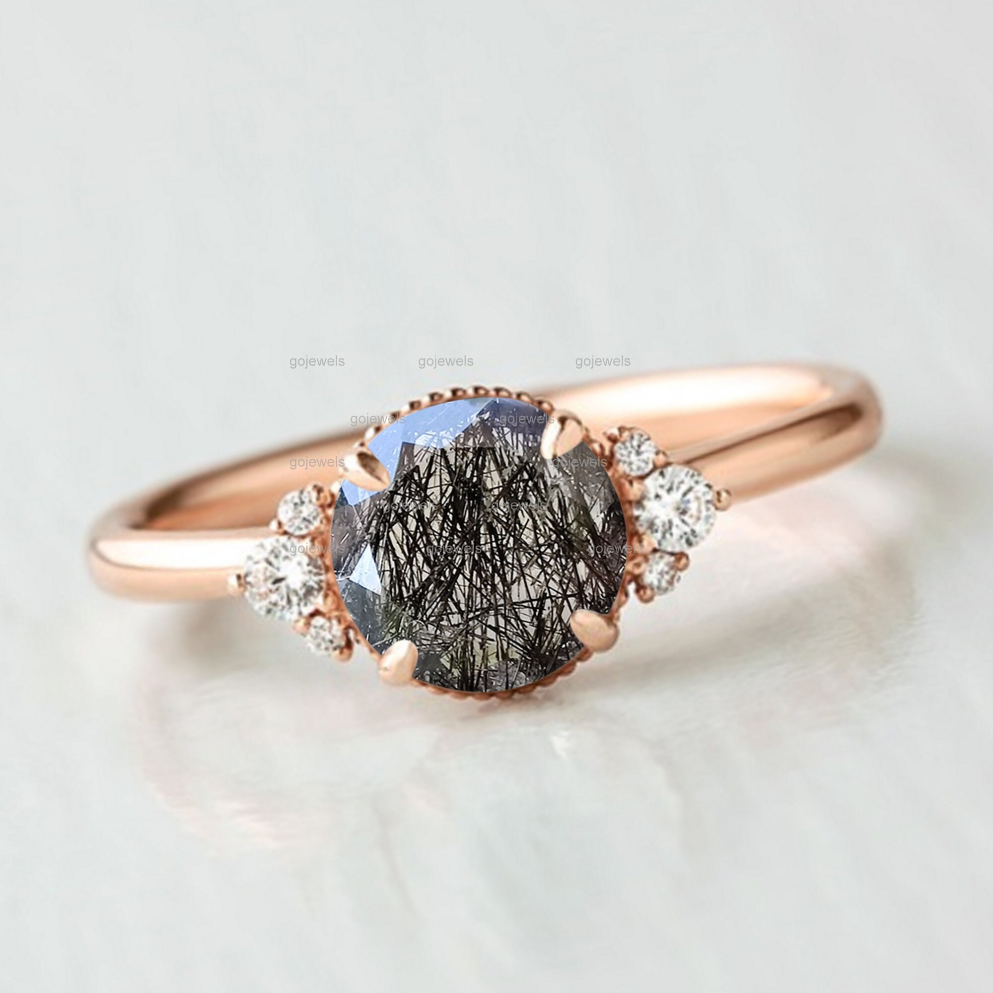 Rose Noir 烫金 Black Rutile Cluster Ring, 14k Rose Gold Ring, Round Black