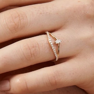 Minimalist Jewelry, 14k Solid Gold Link Ring, Marquise Diamond Ring with Parallel Curving Pave Diamond Gold Band Curved Wedding Band for Her