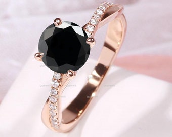 Beautiful Black Spinel Engagement Ring, 14k Rose Gold Ring, Crossover Moissanite Romantic Wedding Ring, Valentines Day Gift, Promise Ring